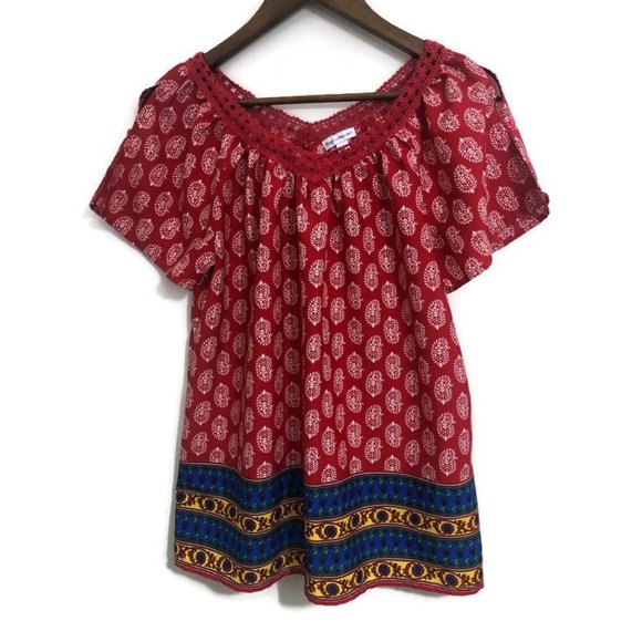 Rebecca Malone Womens Red Print Blouse size Small - Picture 1 of 7